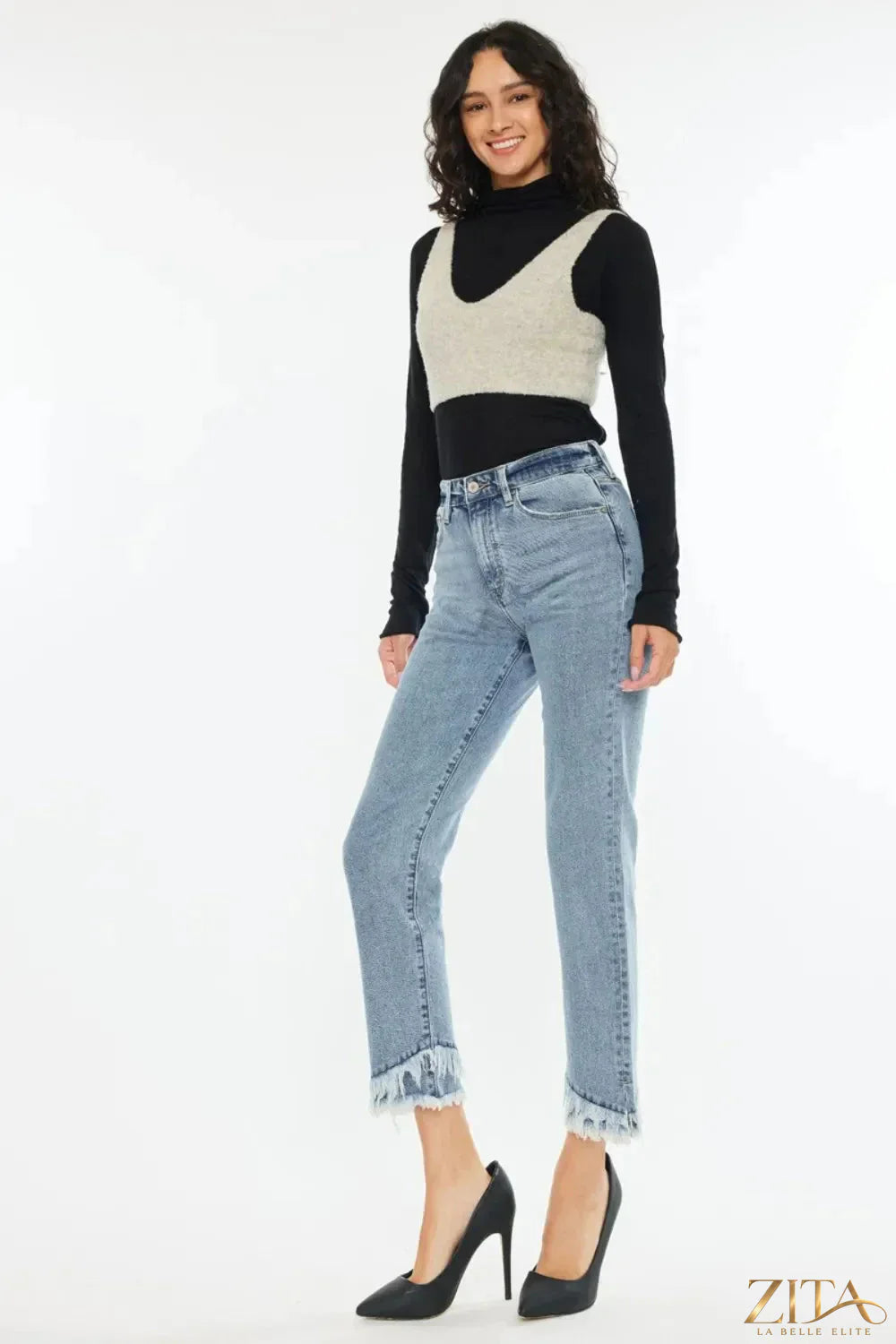 Zita La Belle Elite Kancan raw hem high rise straight jeans with distressed details and classic denim wash.