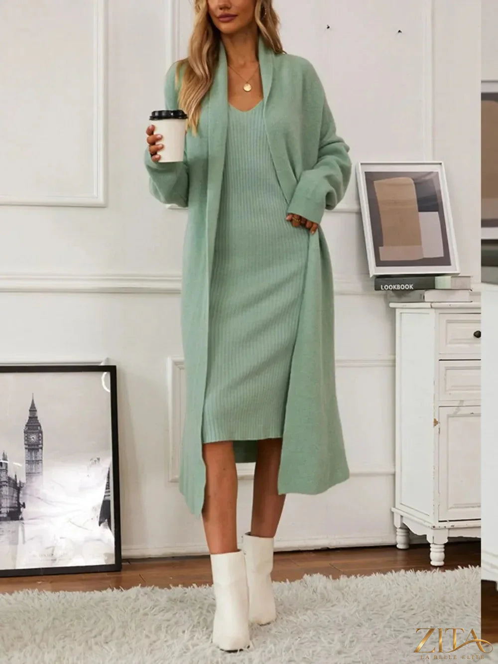 Zita La Belle Elite V-neck cami dress with open front cardigan sweater set displayed on a mannequin, stylish and elegant ensemble.