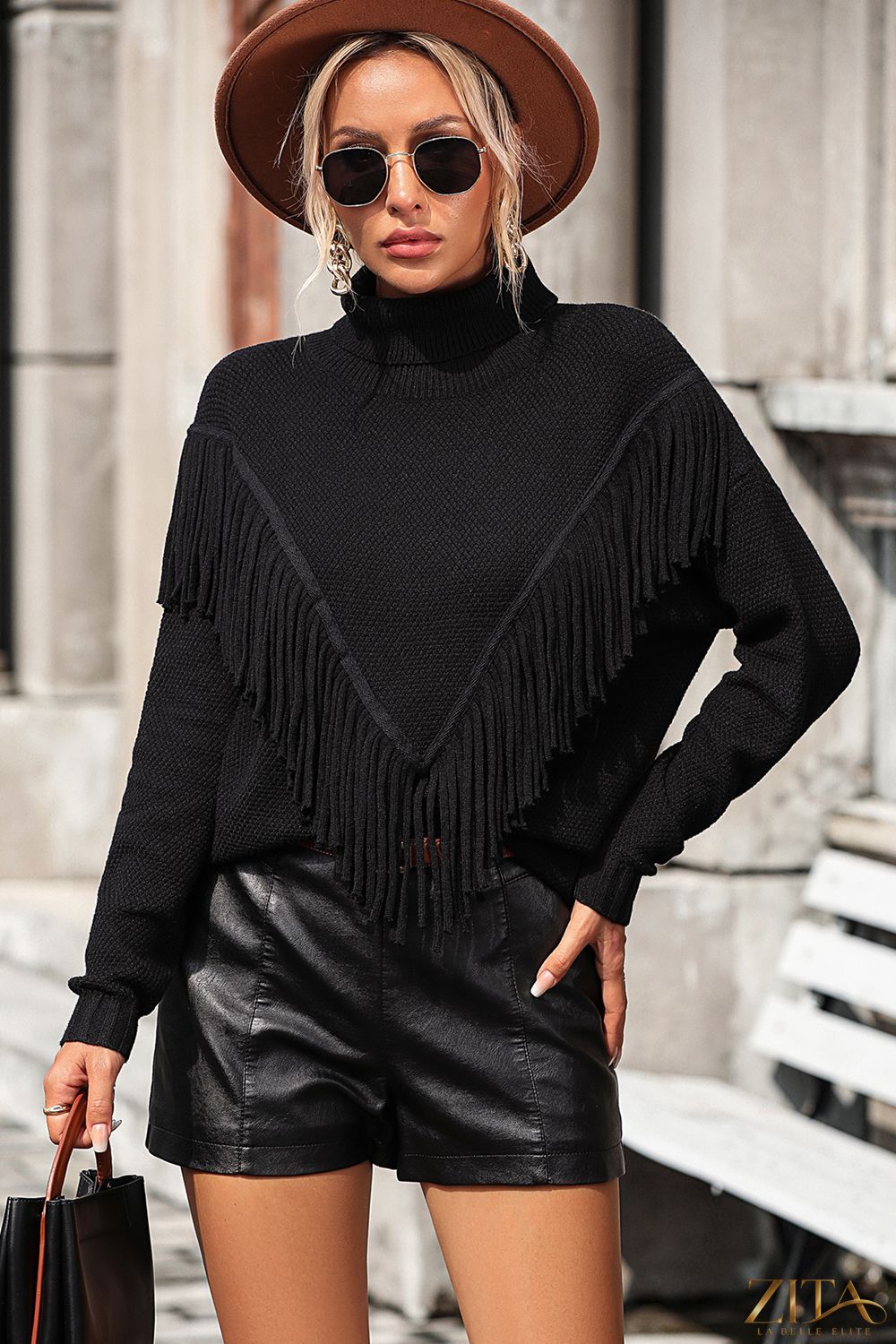Trendsi turtle neck long sleeve pullover sweater with tassel front, cozy and stylish for casual wear, in a neutral color.