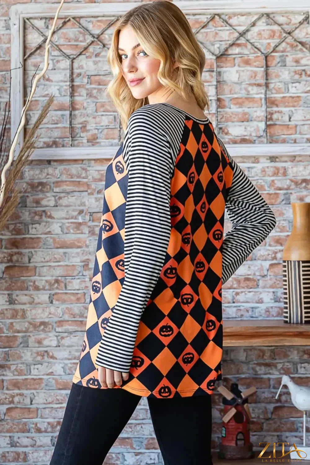 Zita La Belle Elite Heimish checkered contrast striped long sleeve T-shirt with full size checkered and striped pattern