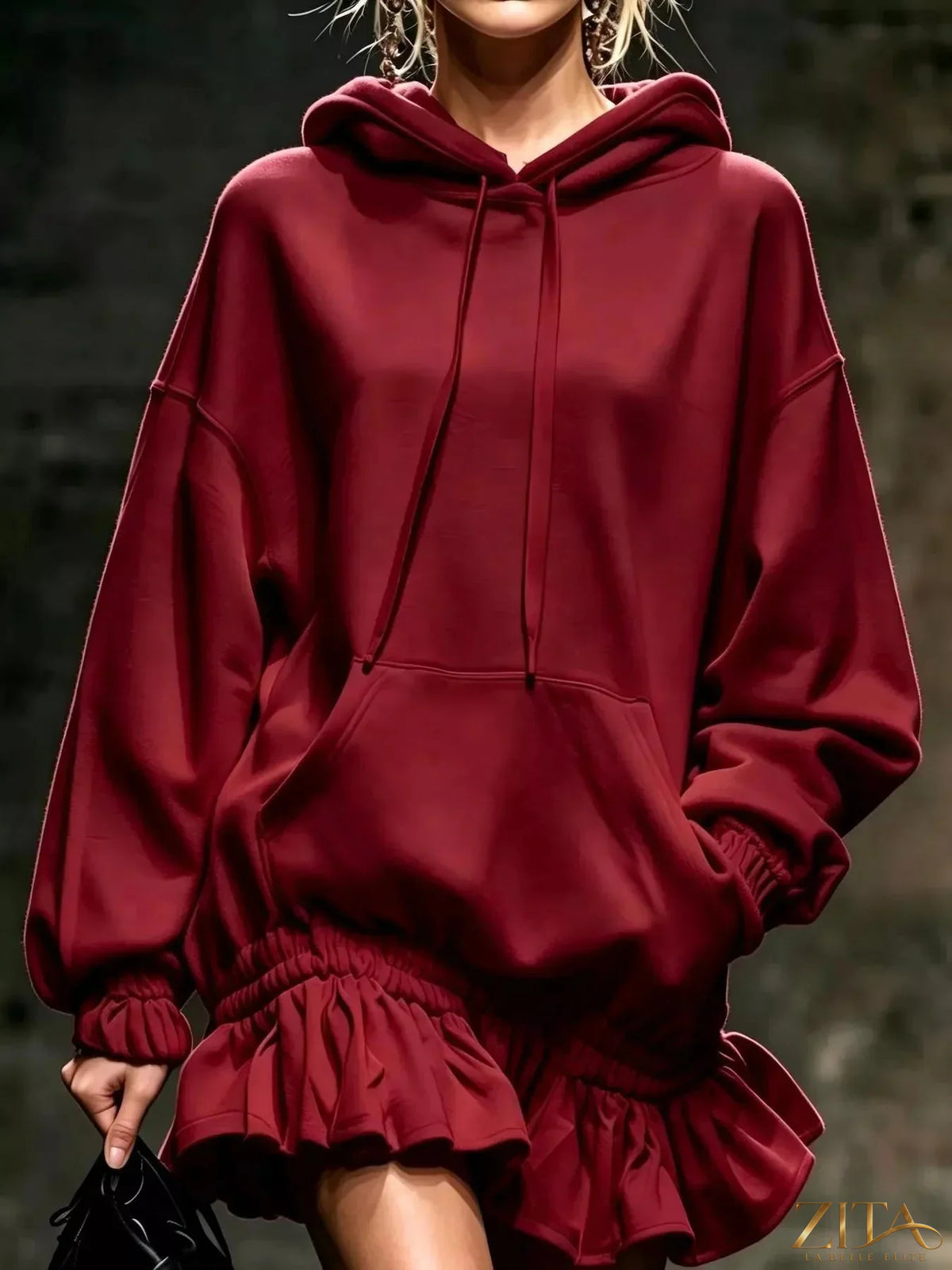 Zita La Belle Elite casual chic hoodie sweatshirt mini dress with ruffled hem, soft fabric, and relaxed fit for stylish comfort.