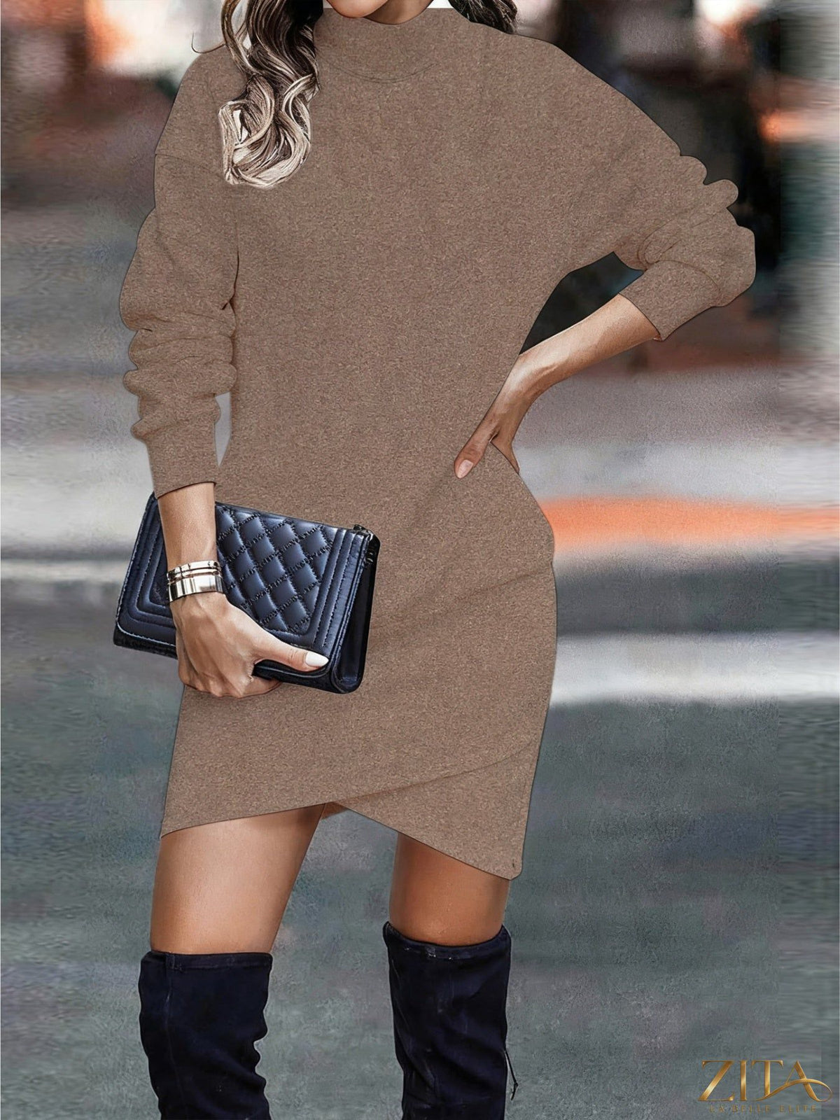 Black turtleneck long sleeve asymmetrical hem mini dress by Trendsi, shown with a fitted silhouette and stylish design.