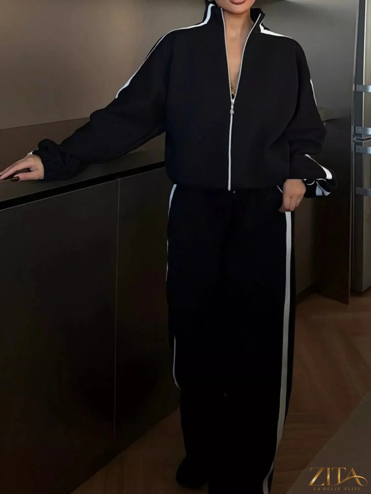 Zita La Belle Elite side stripes zip-up top and pants set, featuring sporty design with contrasting side stripes, casual athletic style.