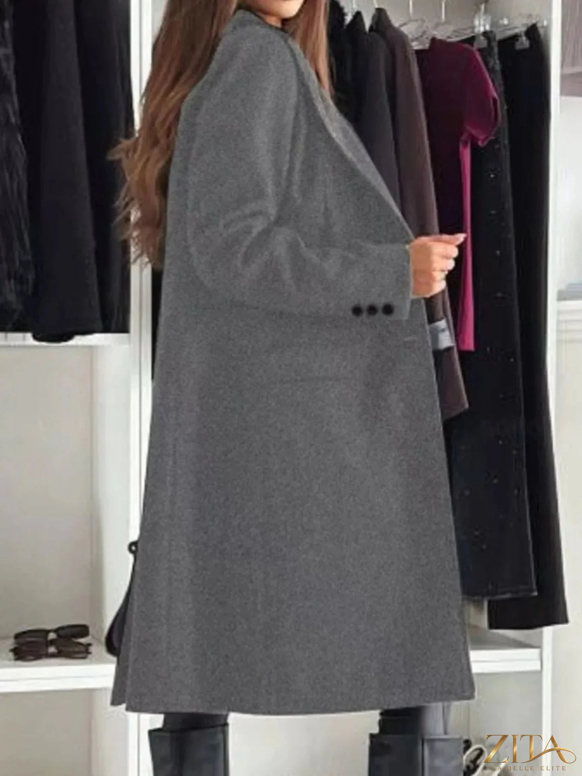 Zita La Belle Elite lapel collar long sleeve coat with tailored fit and classic design, shown in a stylish outerwear image.
