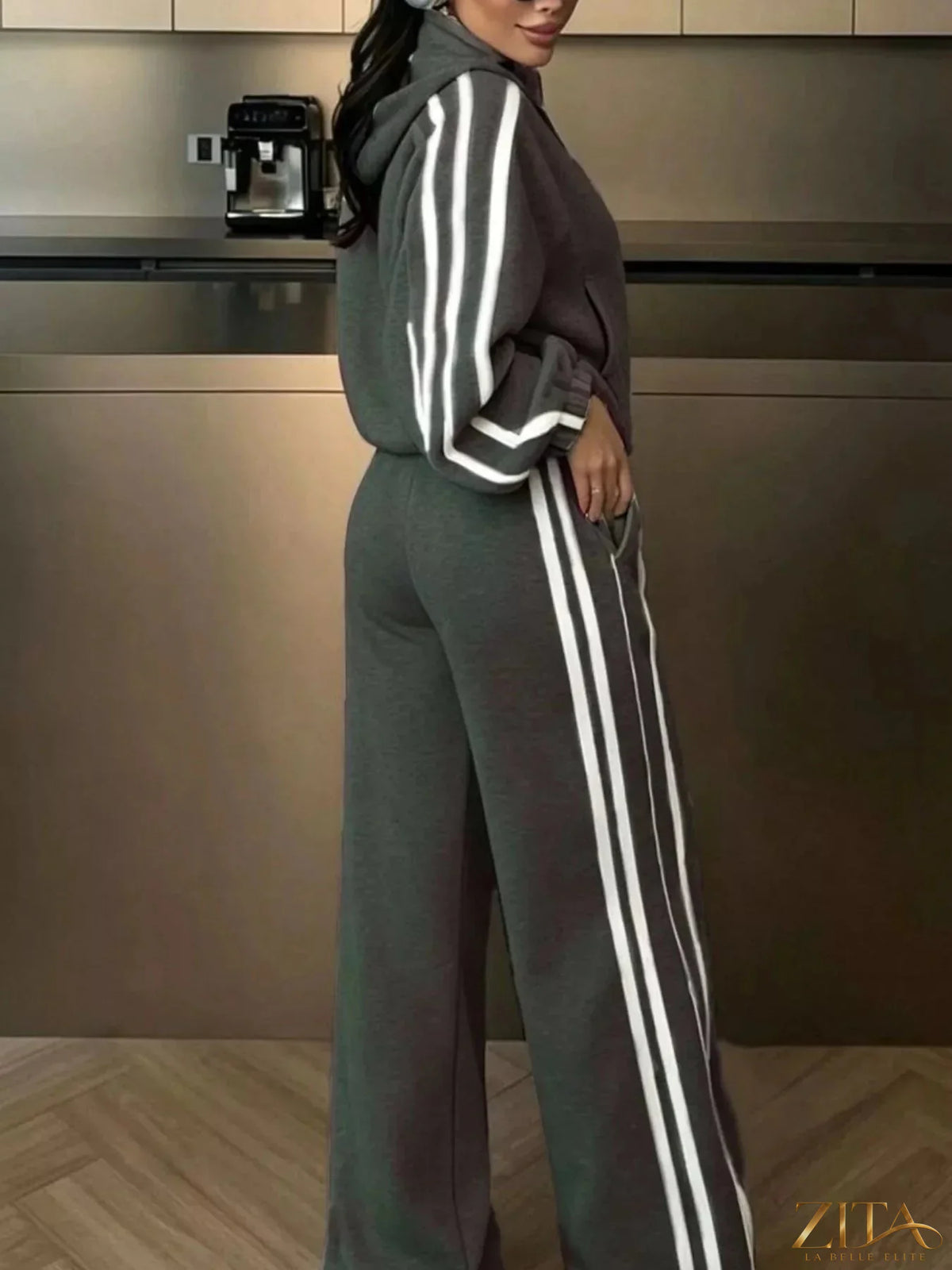 Zita La Belle Elite side stripes zip-up top and matching pants set, featuring sporty design with stripe details and a comfortable fit.