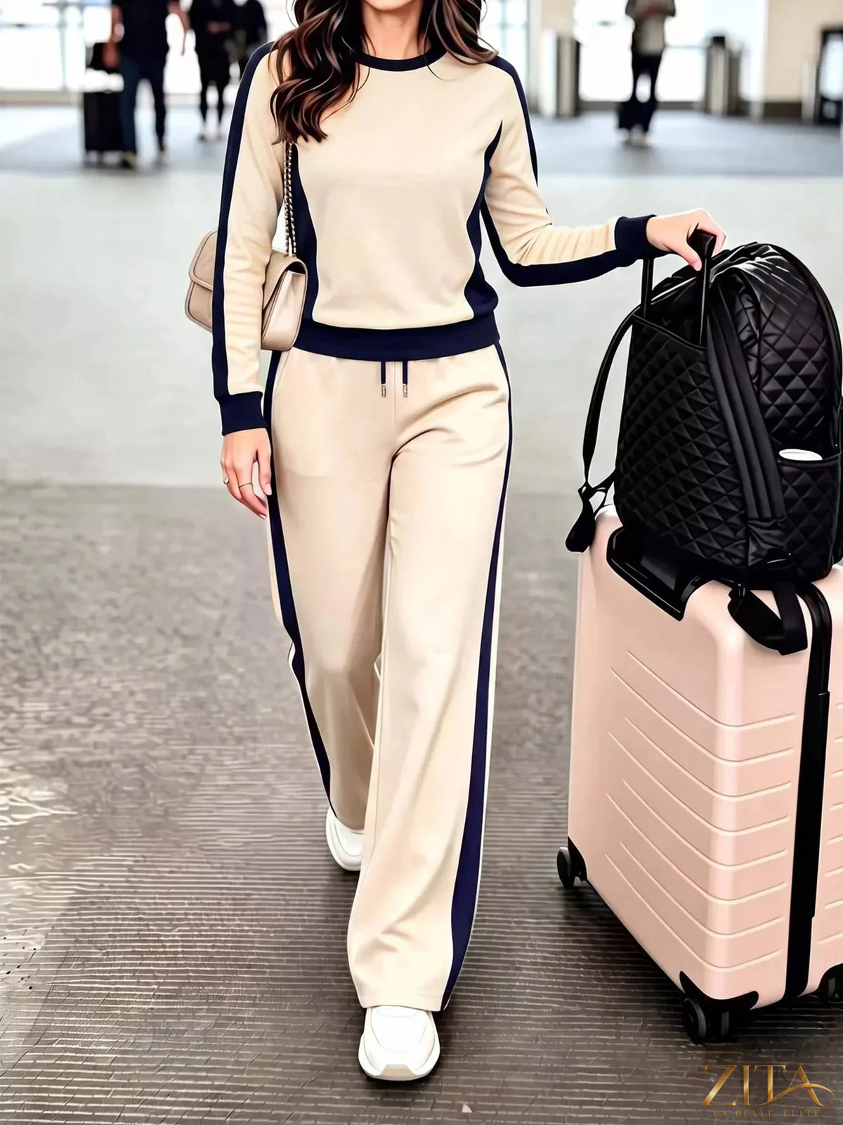 Zita La Belle Elite contrast side stripes top and pants set featuring black and white color blocking on casual loungewear.