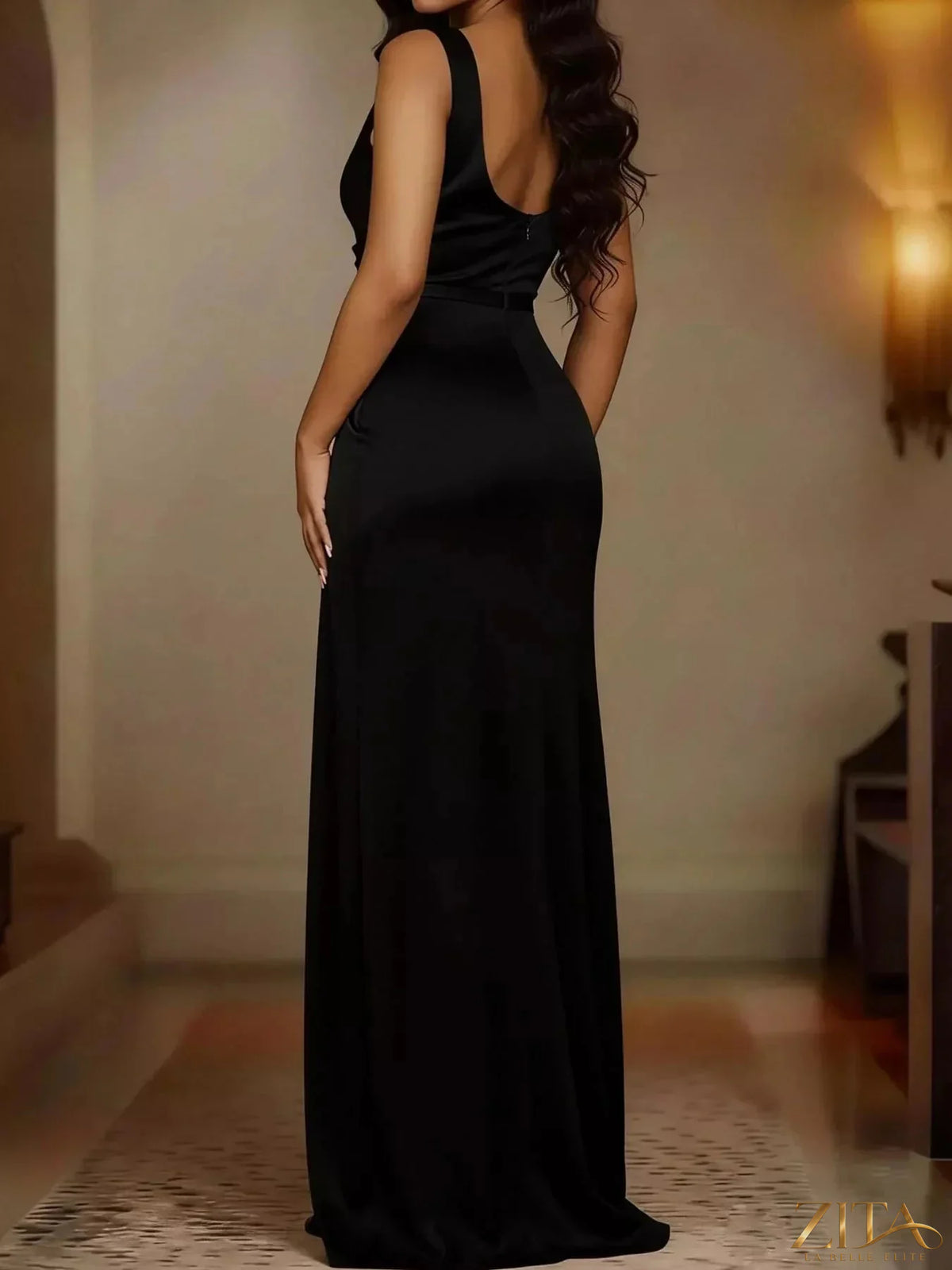 Zita La Belle Elite full size satin cowl neck evening maxi dress with high slit, plus size, elegant and flowing fabric.