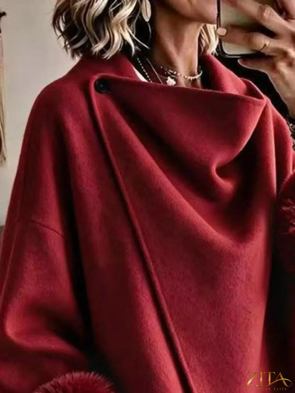 Plus size Zita La Belle Elite elegant asymmetric faux fur cuff outerwear showing the stylish front view and luxurious fur details.