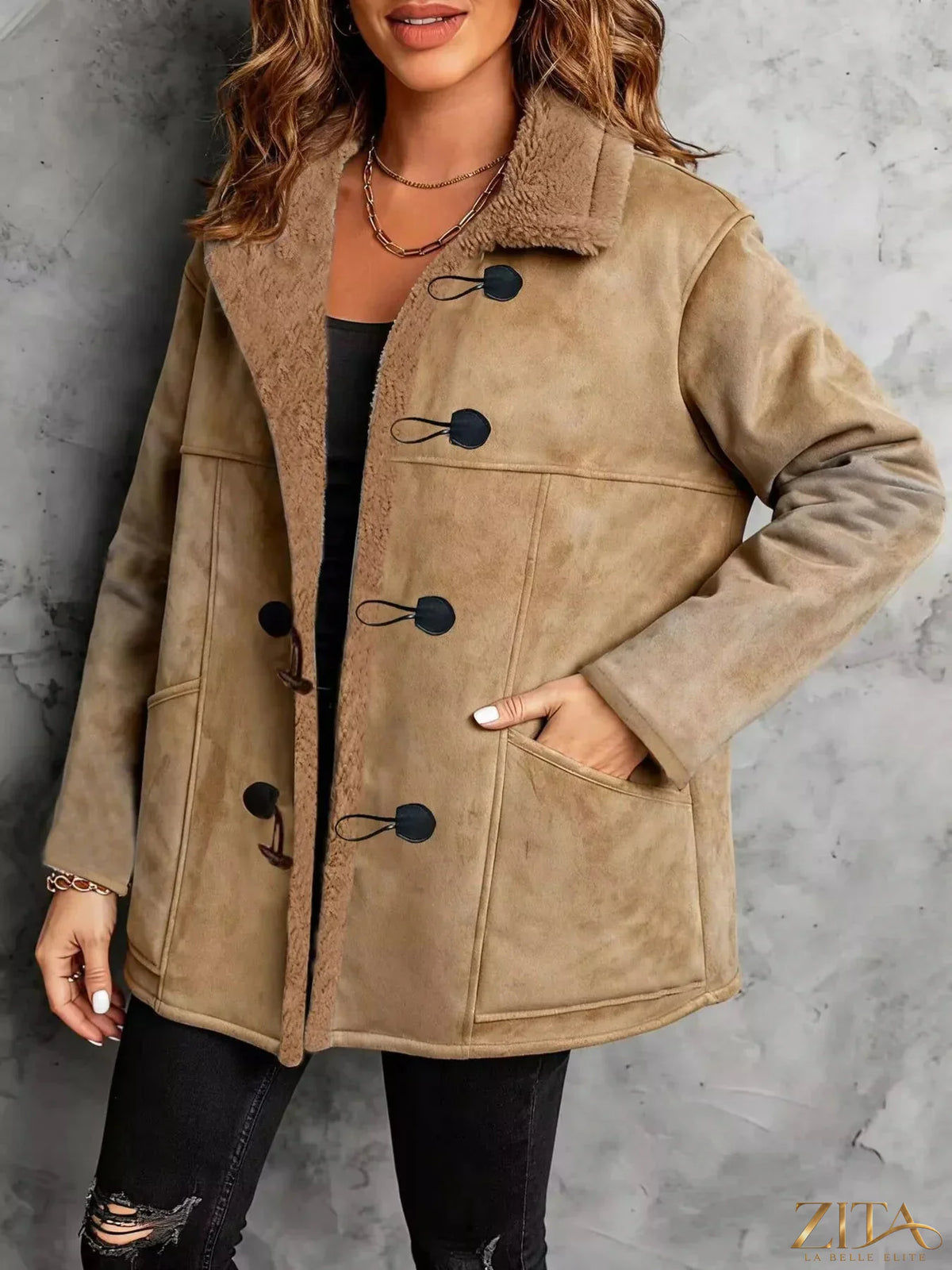 Zita La Belle Elite faux suede toggle coat with sherpa lining, stylish winter outerwear with button closure and collar detail.