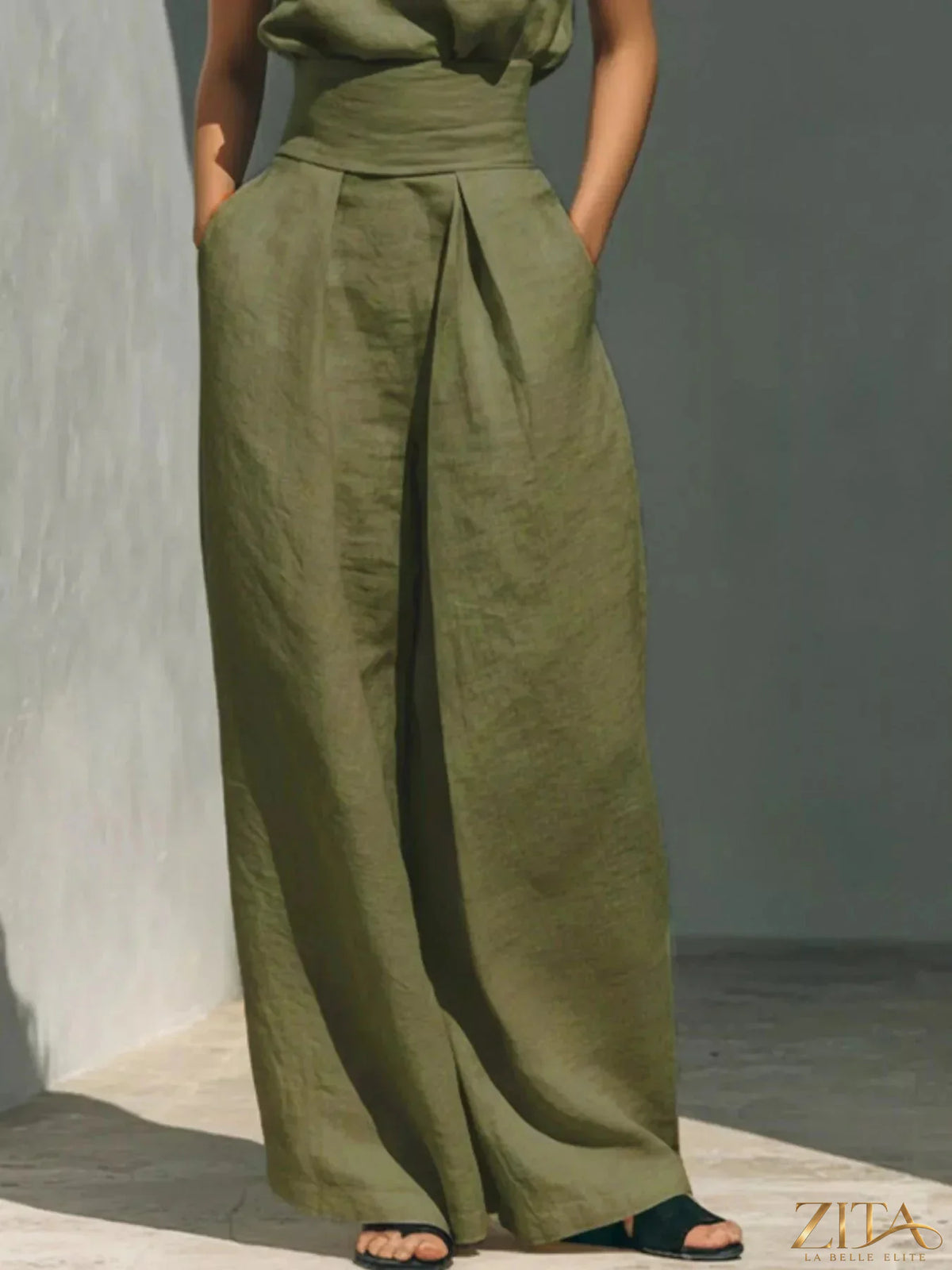 Plus size Zita La Belle Elite sleeveless turtleneck top and wide-leg pants set, shown in a full-length, stylish outfit.