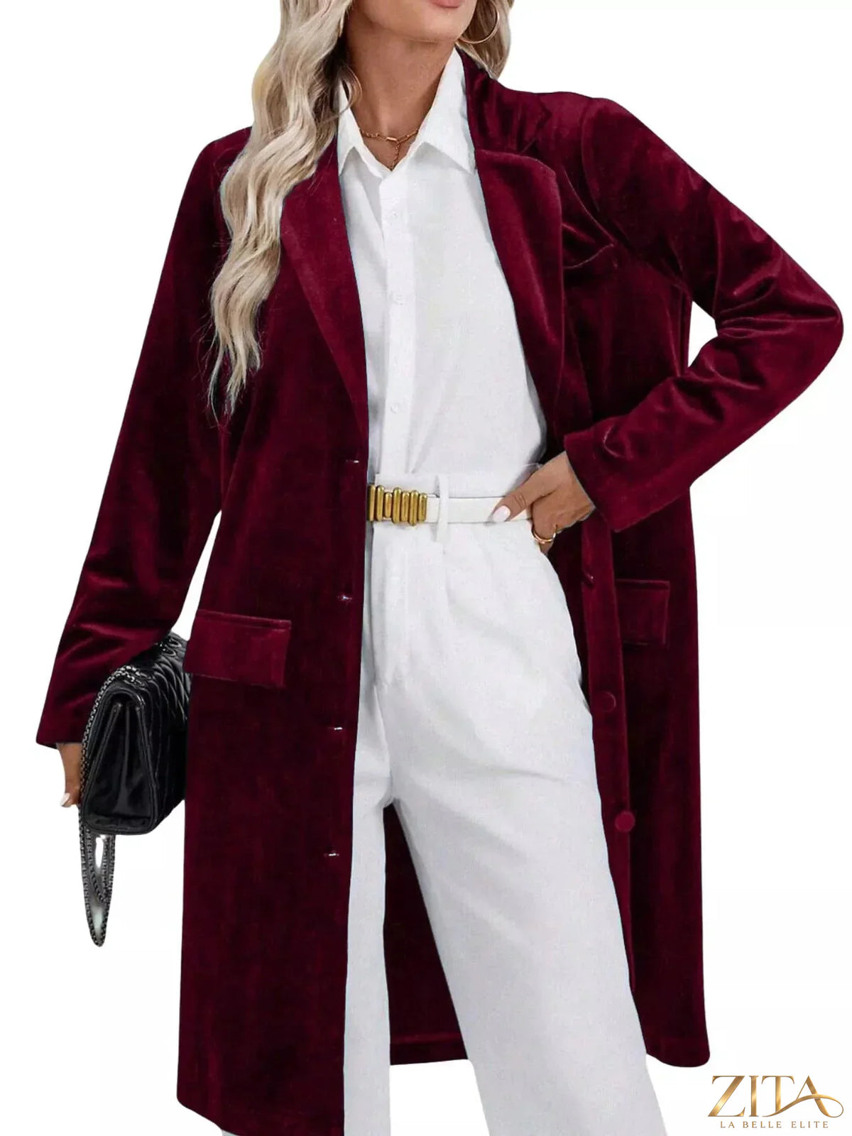 Zita La Belle Elite longline coat with lapel collar and long sleeves, showcasing a stylish and elegant outerwear design.