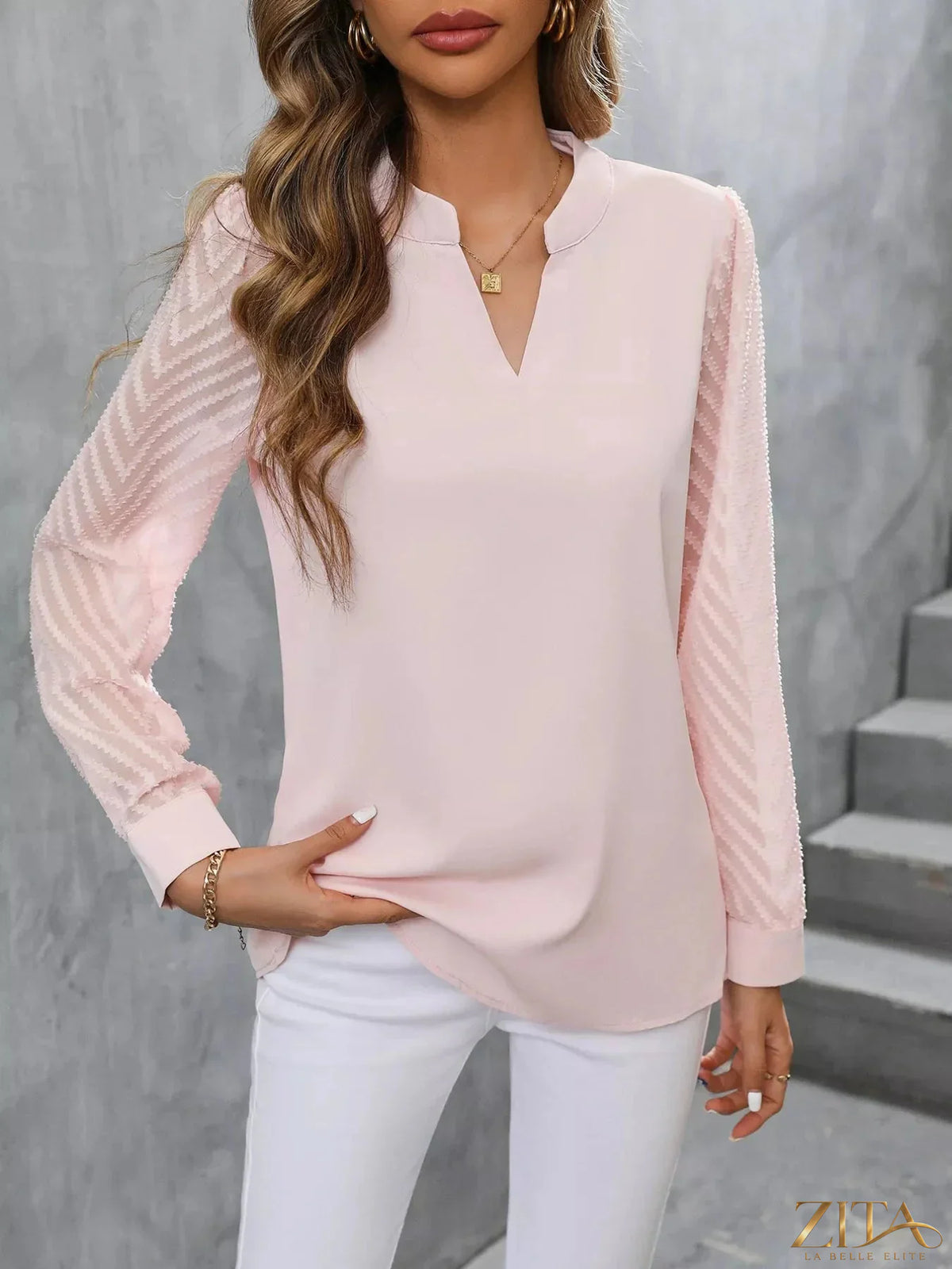 Zita La Belle Elite sheer sleeve v-neck blouse with lightweight fabric and elegant design, perfect for stylish casual or formal wear.