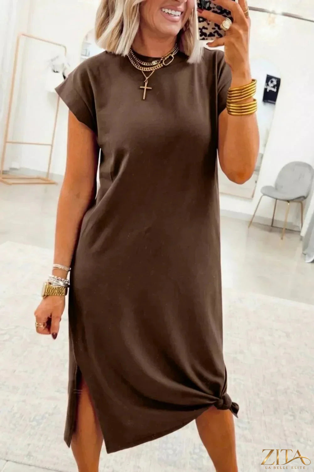 Zita La Belle Elite casual slit T-shirt dress in soft fabric, featuring a relaxed fit and side slit for a stylish, comfortable look.