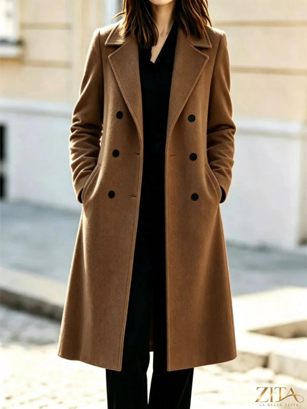 Zita La Belle Elite double-breasted coat with lapel collar, stylish wool blend coat in camel color, front view.