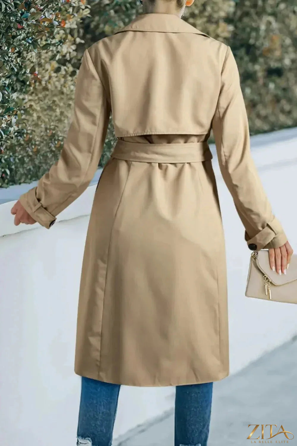 Zita La Belle Elite long trench coat with collared neck, button details, waist tie, and long sleeves, stylish and elegant outerwear