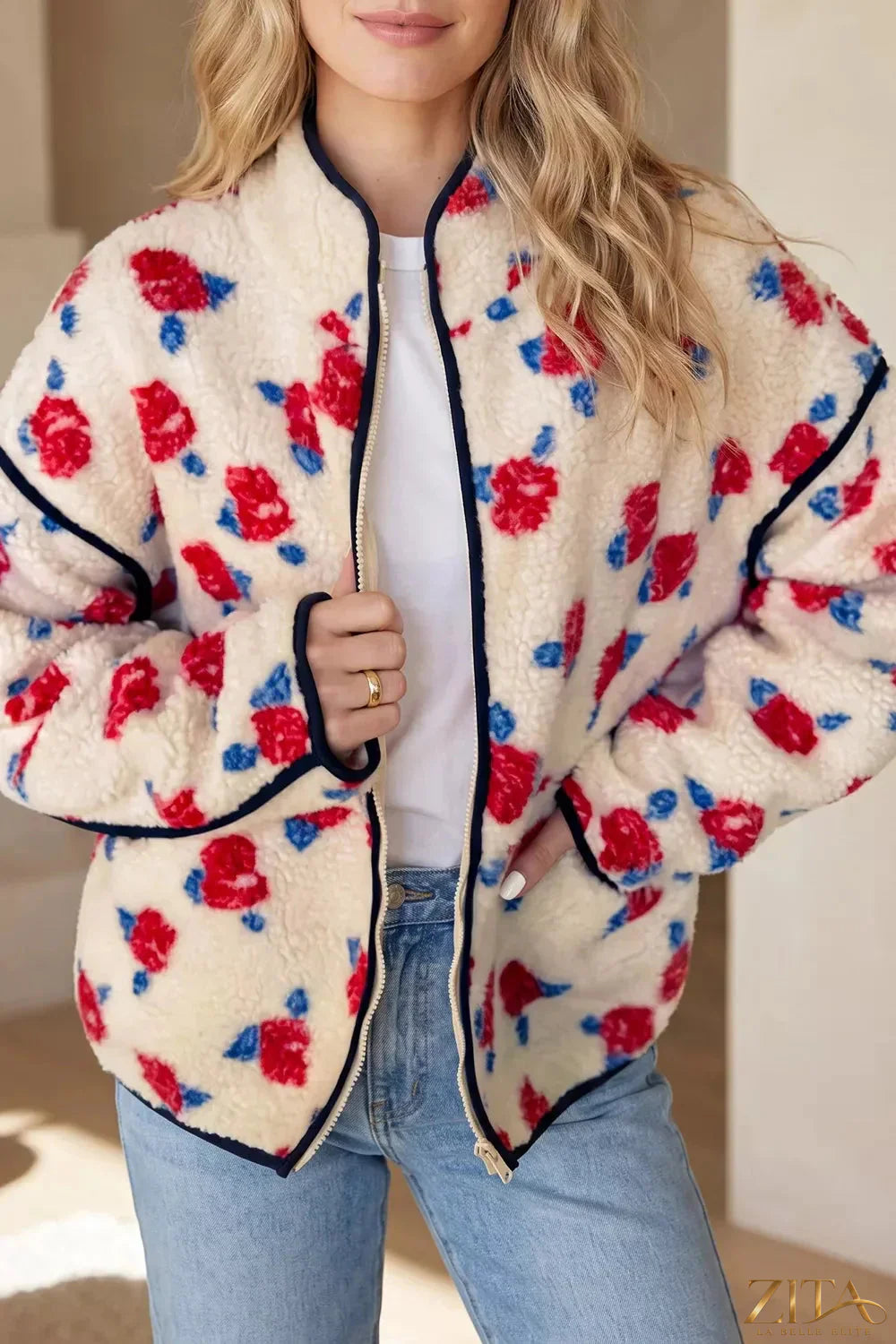 Floral print zipper stand neck fleece coat by Zita La Belle Elite, stylish outerwear with vibrant floral pattern and cozy fleece fabric.