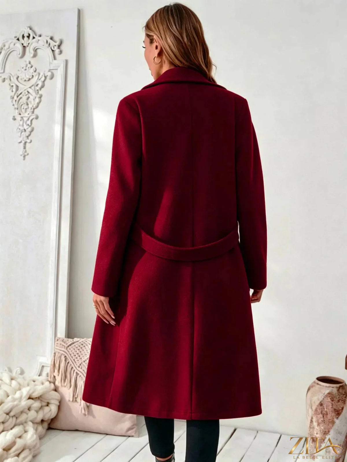 Plus size Zita La Belle Elite full-size coat with elegant lapel collar, belt, and pockets, featuring a stylish and comfortable design.