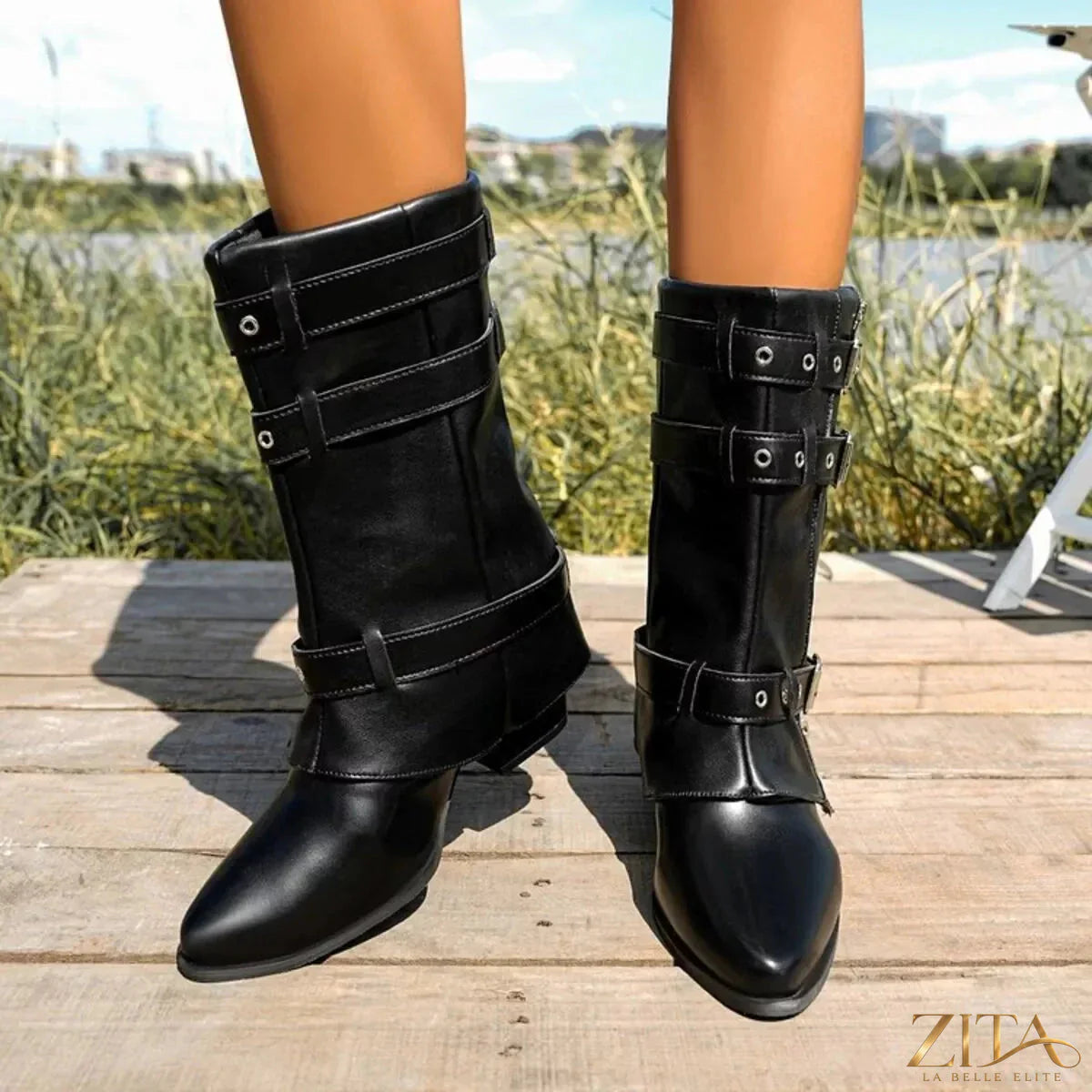 Zita La Belle Elite point toe block heel boots featuring sleek black leather and stylish ankle-height design.
