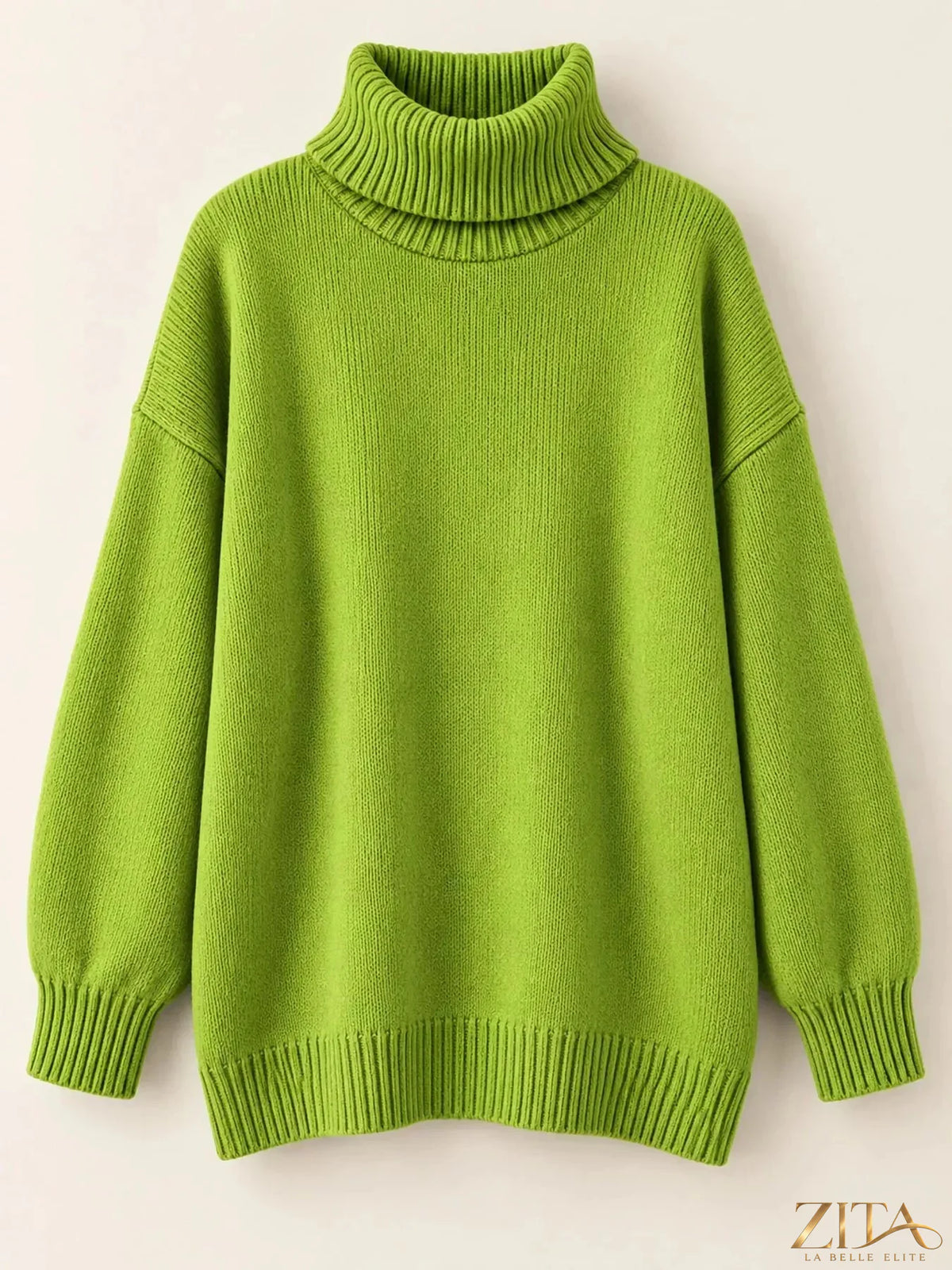 Zita La Belle Elite turtleneck dropped shoulder sweater in soft knit, featuring a cozy, relaxed fit with ribbed cuffs and neckline.
