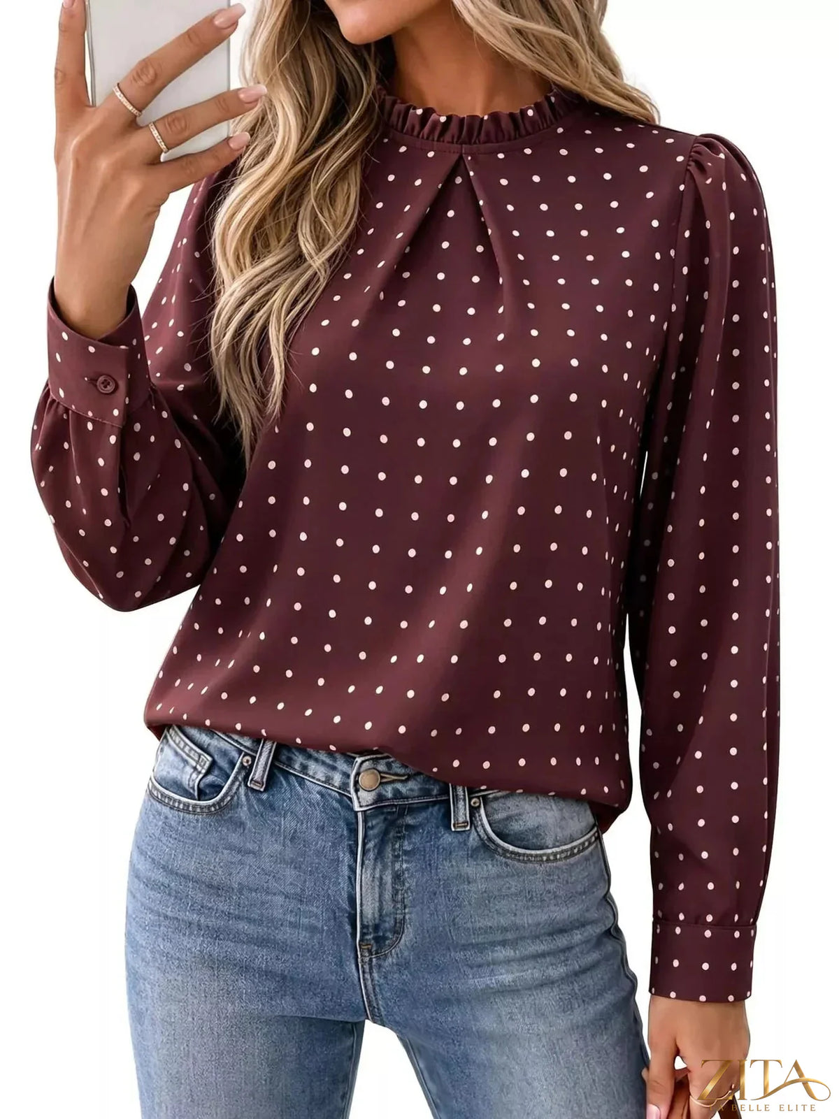 Zita La Belle Elite elegant polka dot print mock neck long sleeve blouse, stylish and sophisticated women's top with classic pattern.