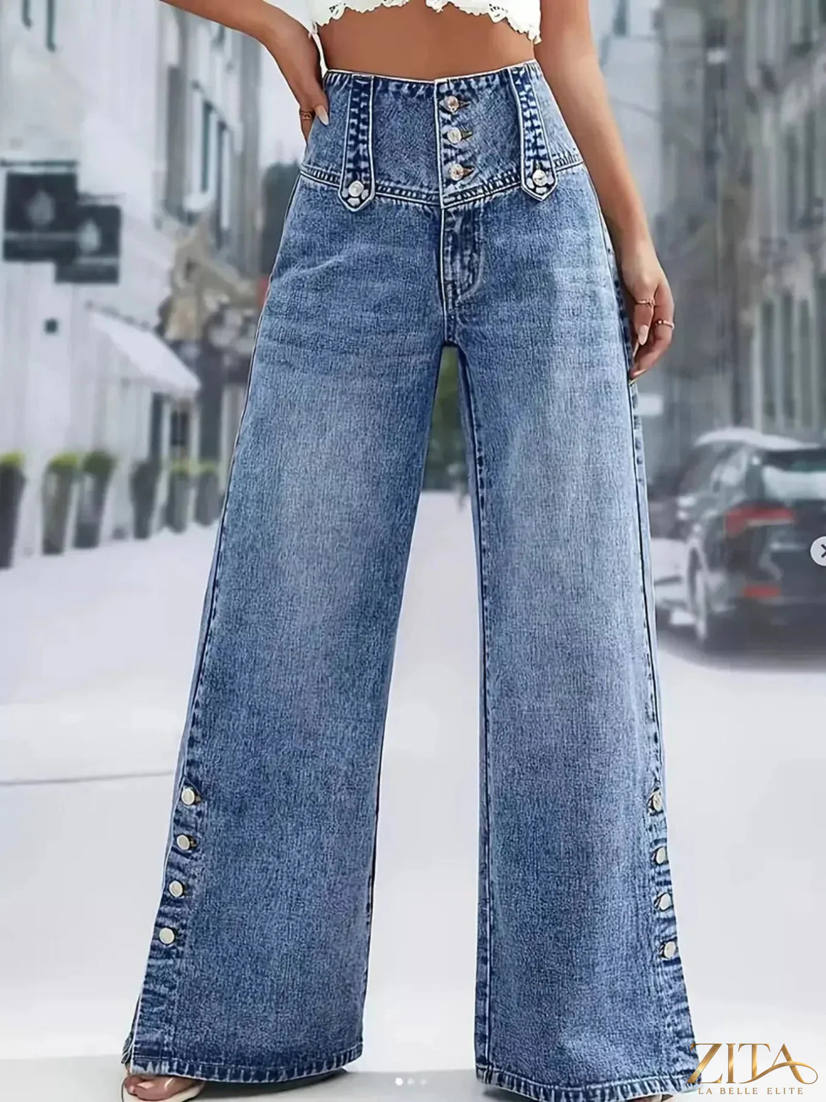 High waist wide leg jeans with button details from Zita La Belle Elite, featuring a stylish, relaxed fit and modern denim style.