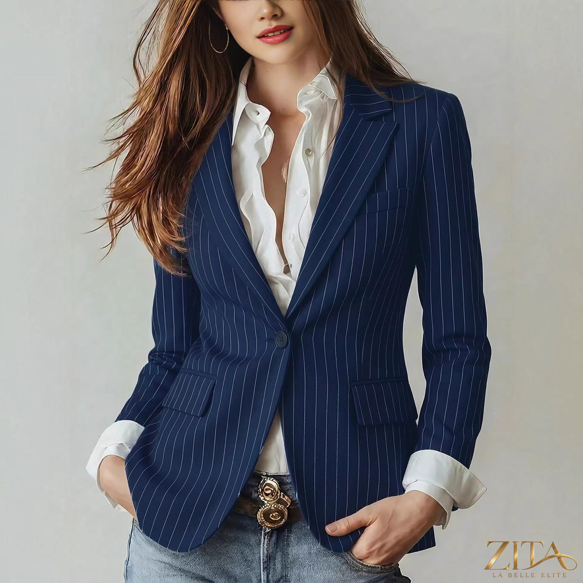 Navy striped waist-cinching petite blazer by Zita La Belle Elite, featuring a tailored fit and stylish design.