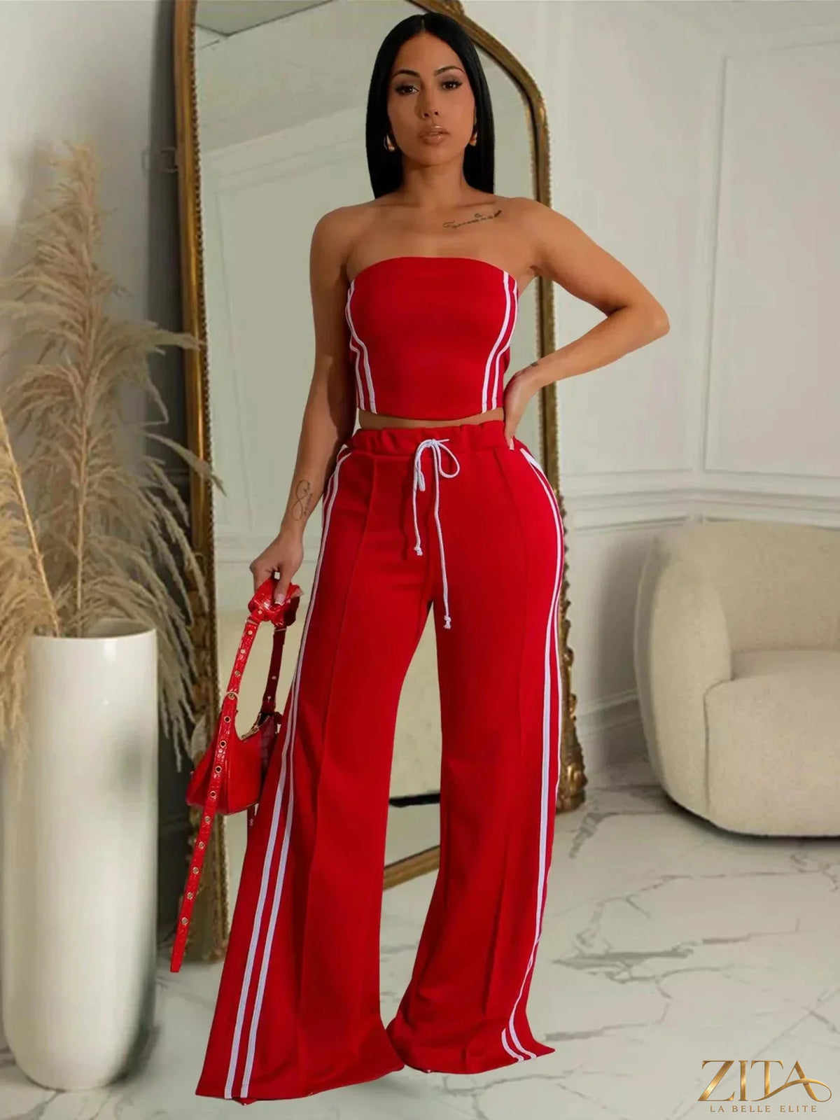 Zita La Belle Elite sleeveless tube top and wide-leg pants set in stylish fabric, perfect for casual or trendy outfits.