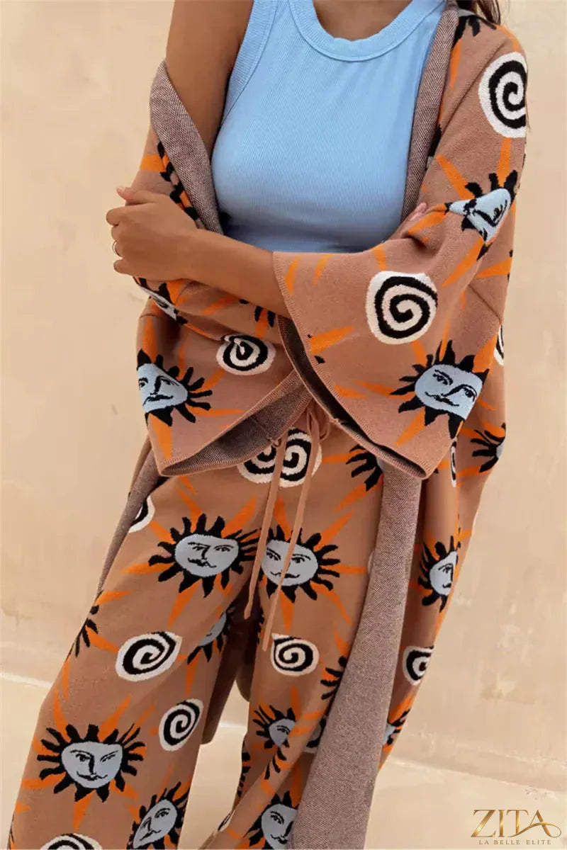 Zita La Belle Elite sun graphic top, matching cardigan and pants 3-piece sweater set, casual comfortable clothing for women.