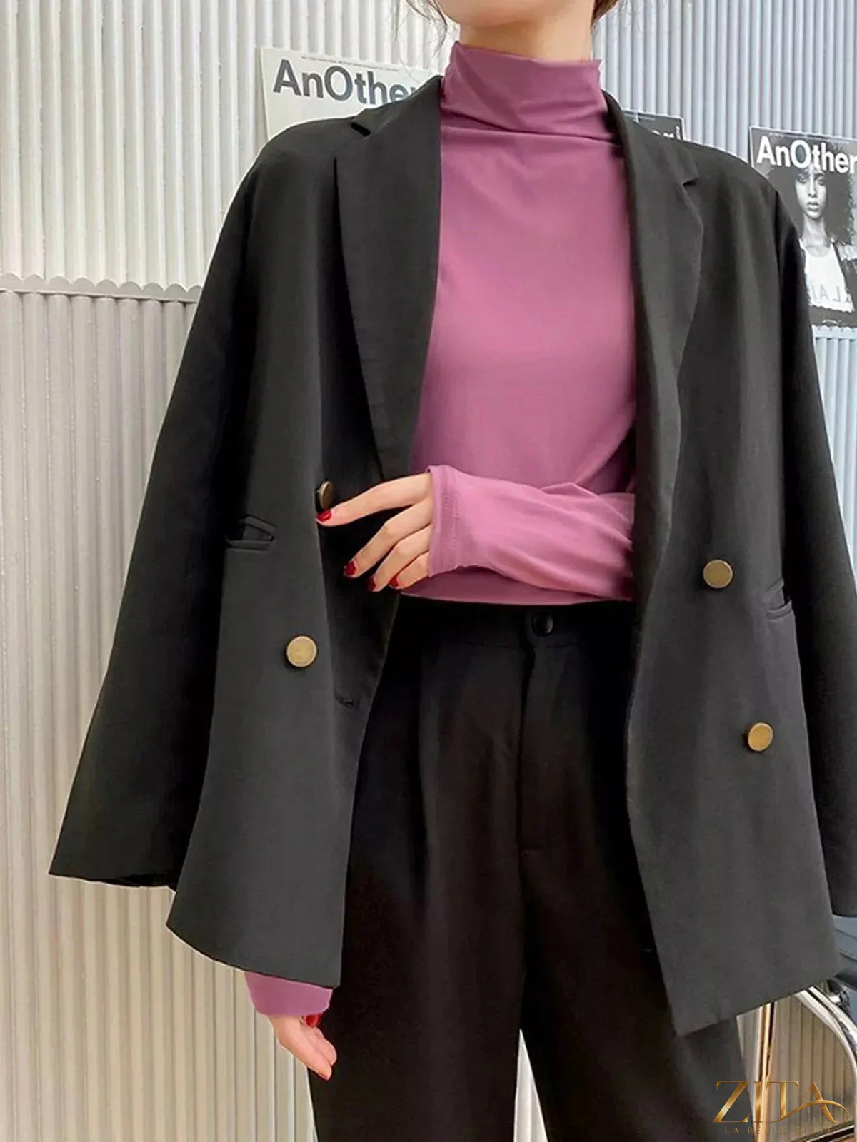 Solid color Trendsi turtleneck long sleeve T-shirt displayed on a model, featuring a fitted design and classic style.
