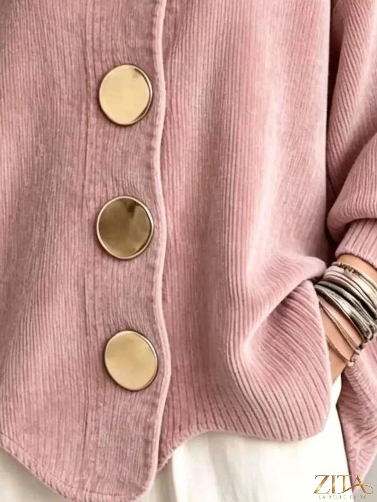 Plus size ribbed knit cardigan with gold buttons by Zita La Belle Elite, featuring a full-size fit and cozy texture.