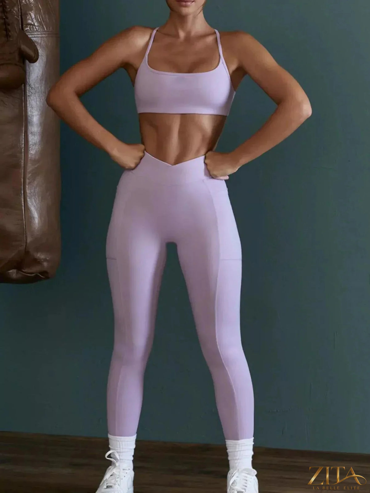 Zita La Belle Elite seamless cross-waist cami and leggings active set, black, form-fitting workout wear with smooth fabric.
