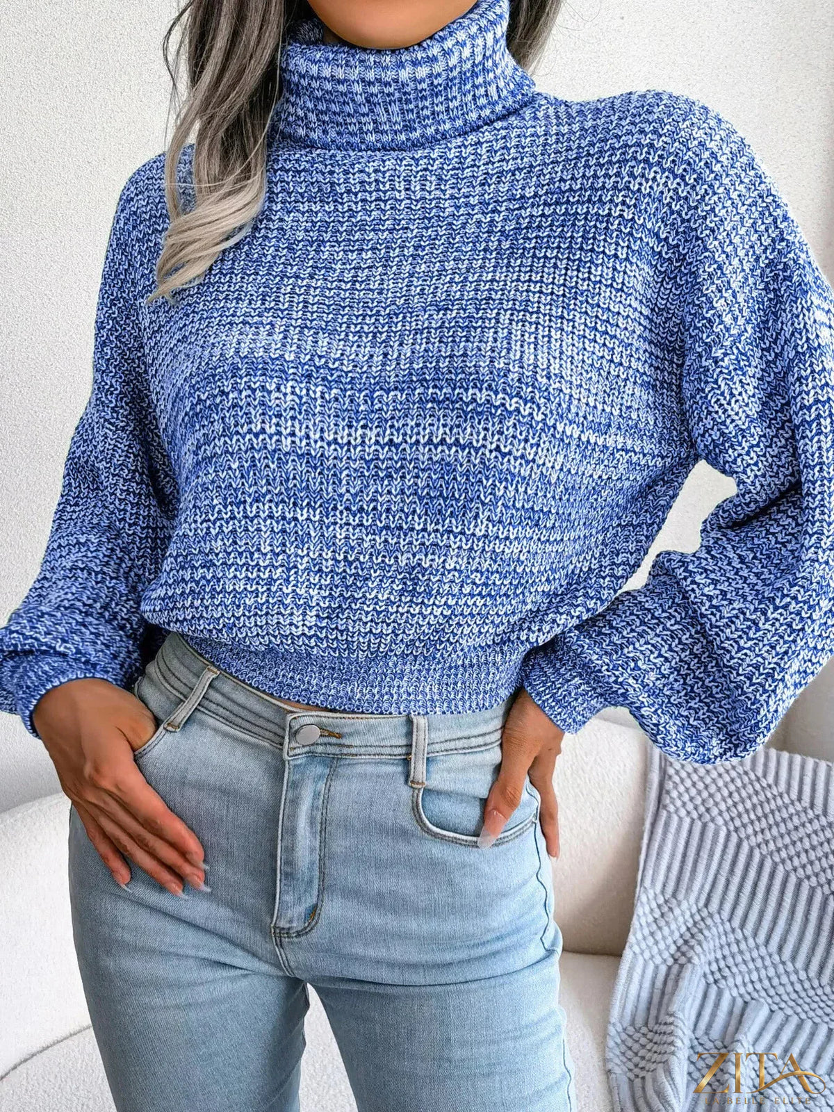 Cream-colored turtleneck dropped shoulder sweater by Trendsi, featuring a cozy knit and relaxed fit.