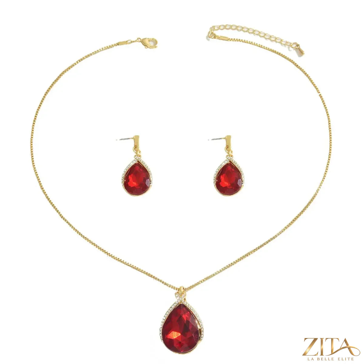 18K gold-plated rhinestone teardrop necklace and earrings jewelry set by Zita La Belle Elite, featuring sparkling rhinestone details.