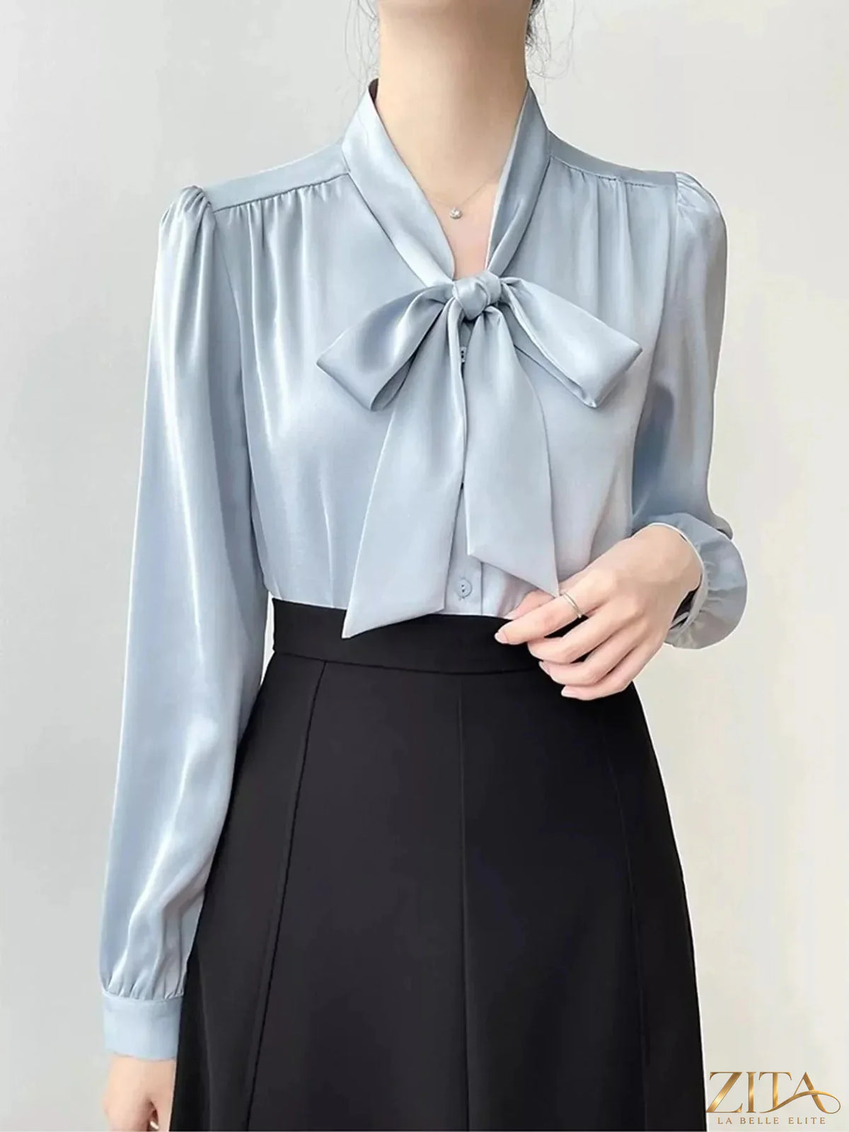 Plus size Zita La Belle Elite tie-front long sleeve shirt with a full size fit, featuring a stylish collar and button-up design.