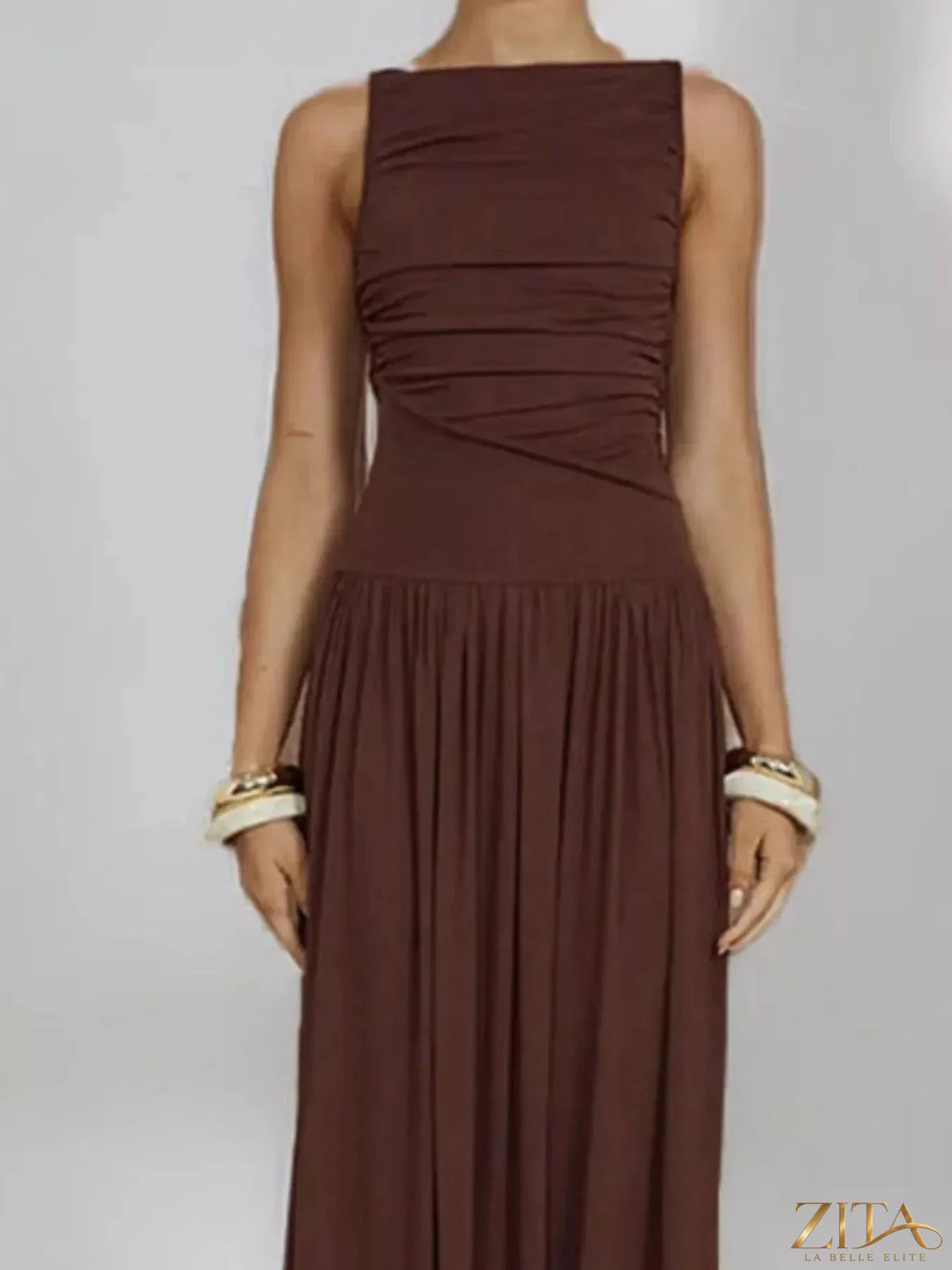 Zita La Belle Elite ruched sleeveless maxi dress in flowing fabric, featuring a fitted bodice and elegant length.