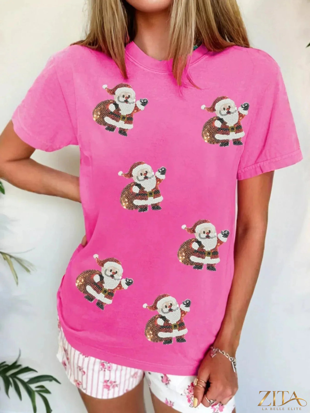 Santa Claus deliver gifts sequin short sleeve tee, festive holiday shirt with Christmas design from Trendsi.