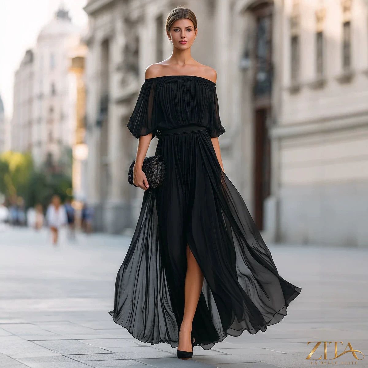 Zita La Belle Elite one-shoulder chiffon maxi dress with ruffle sleeve, flowing design, in elegant style and lightweight fabric.
