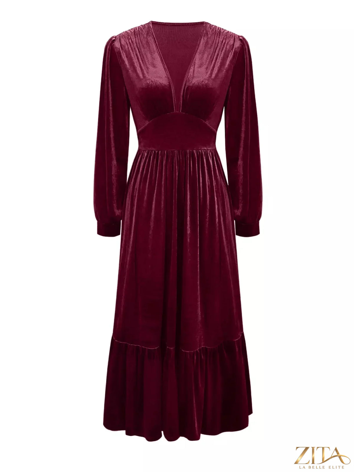 Long sleeve dress with ruffled hem by Trendsi, featuring a stylish, flowy design perfect for casual or dressy occasions.