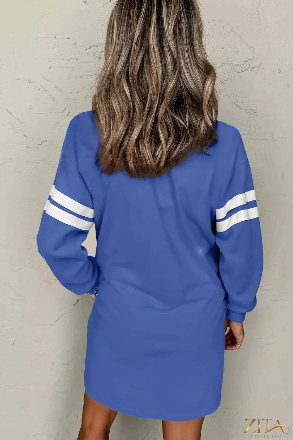 Zita La Belle Elite stripe long sleeve casual sweatshirt dress displayed on a hanger, featuring a relaxed fit and comfortable fabric.