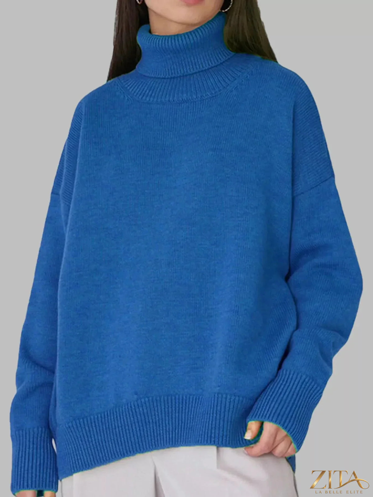 Zita La Belle Elite turtleneck dropped shoulder sweater in soft knit fabric, featuring a cozy fit and stylish design.