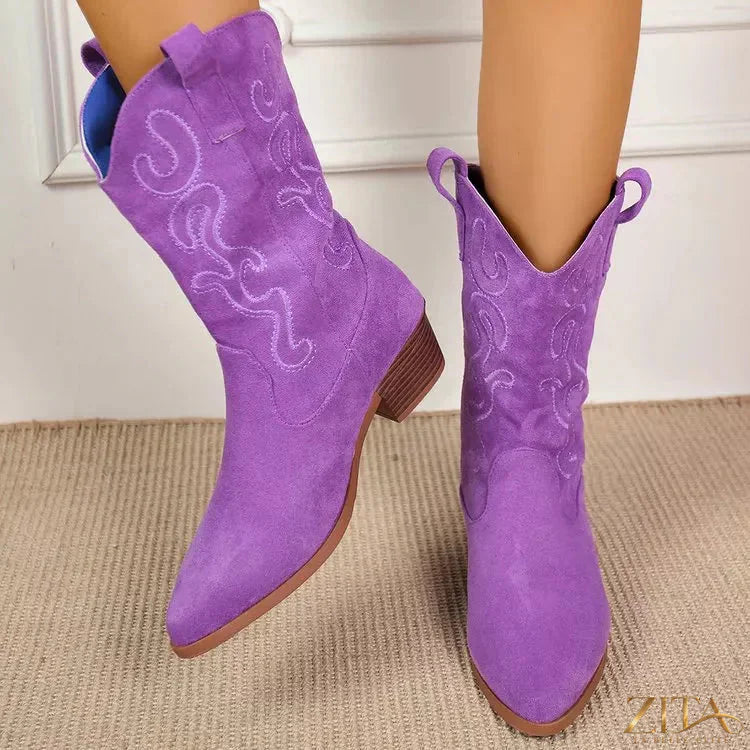 Zita La Belle Elite point toe block heel boots with sleek black leather and stylish design, perfect for fashionable footwear.