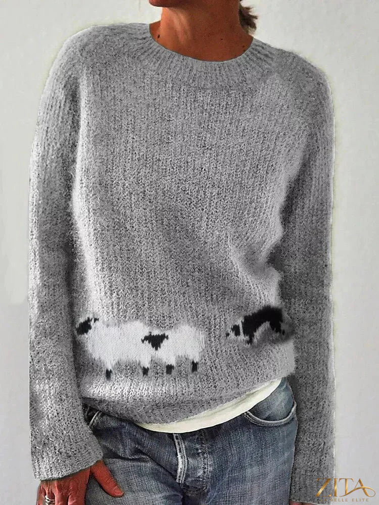 Plus size sheep pattern round neck sweater by Zita La Belle Elite, featuring a cozy full-size knit design.