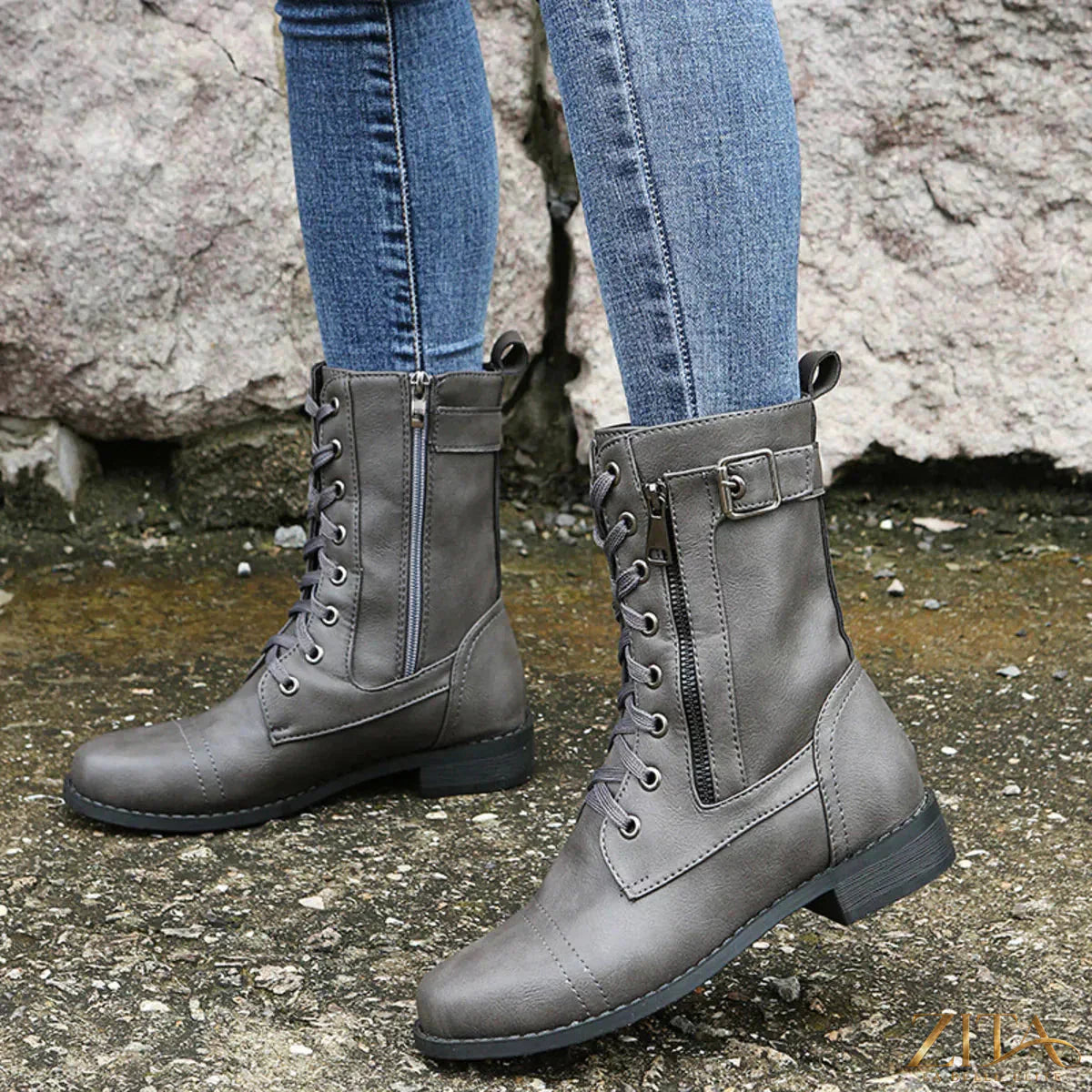 Zita La Belle Elite lace-up ankle boots with zipper detail, stylish black leather footwear for casual or chic outfits.