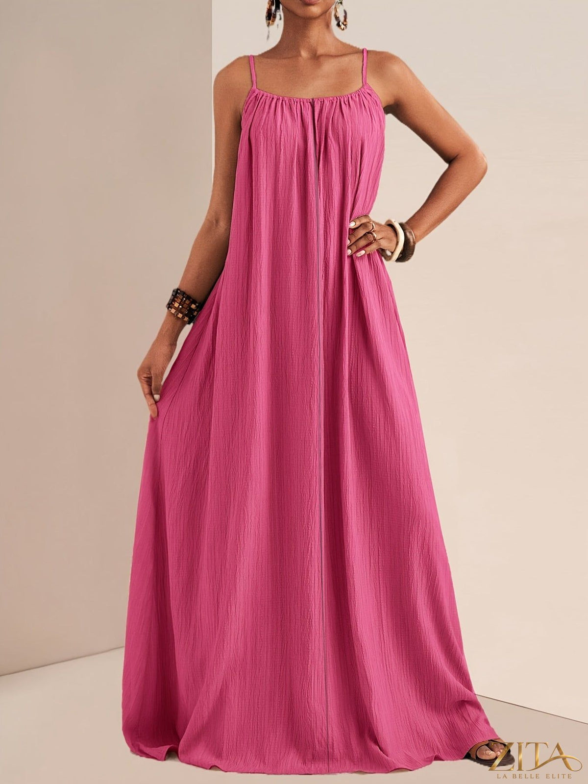 Zita La Belle Elite spaghetti strap flowy maxi dress in lightweight fabric, full-length with a relaxed silhouette and elegant design.