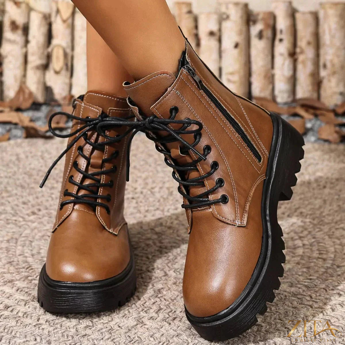 Zita La Belle Elite lace-up ankle combat boots with chunky soles and metal eyelets, stylish and durable footwear for edgy fashion.