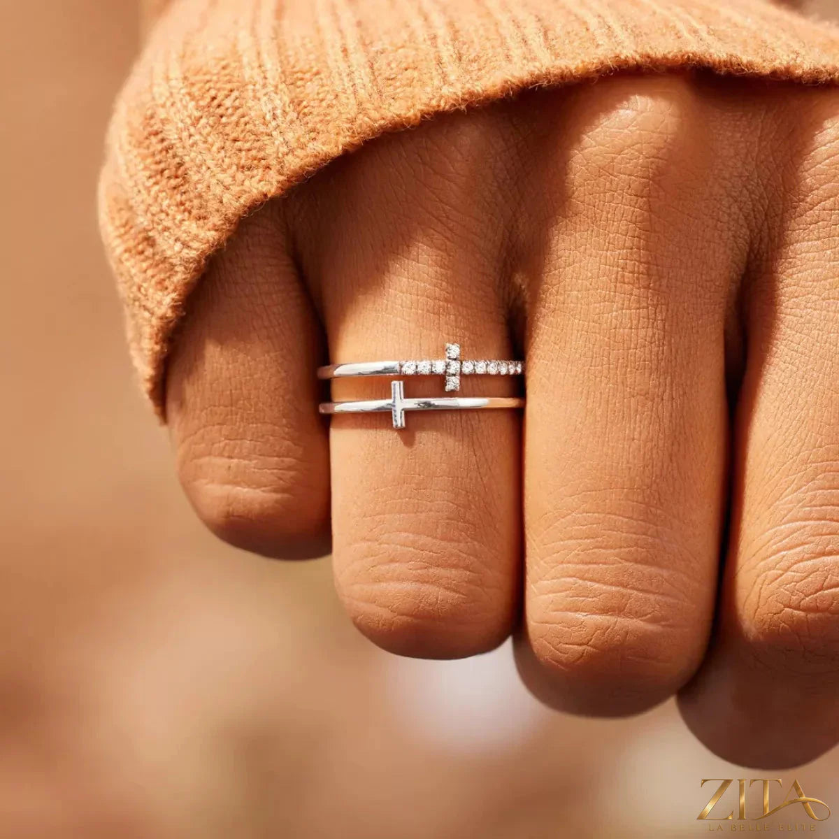 Zita La Belle Elite double band cross ring featuring two silver bands with a cross design, stylish and elegant jewelry accessory.