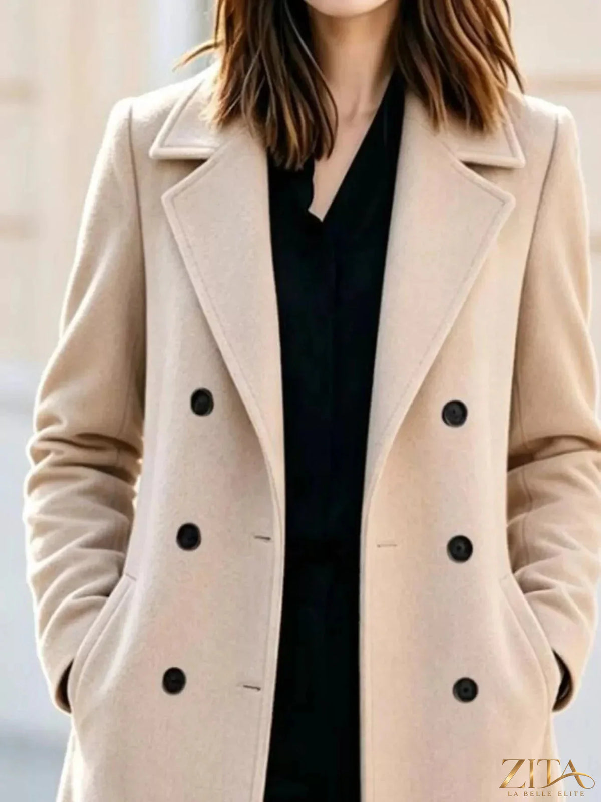 Zita La Belle Elite double-breasted coat with lapel collar, shown in a stylish, tailored design for women.