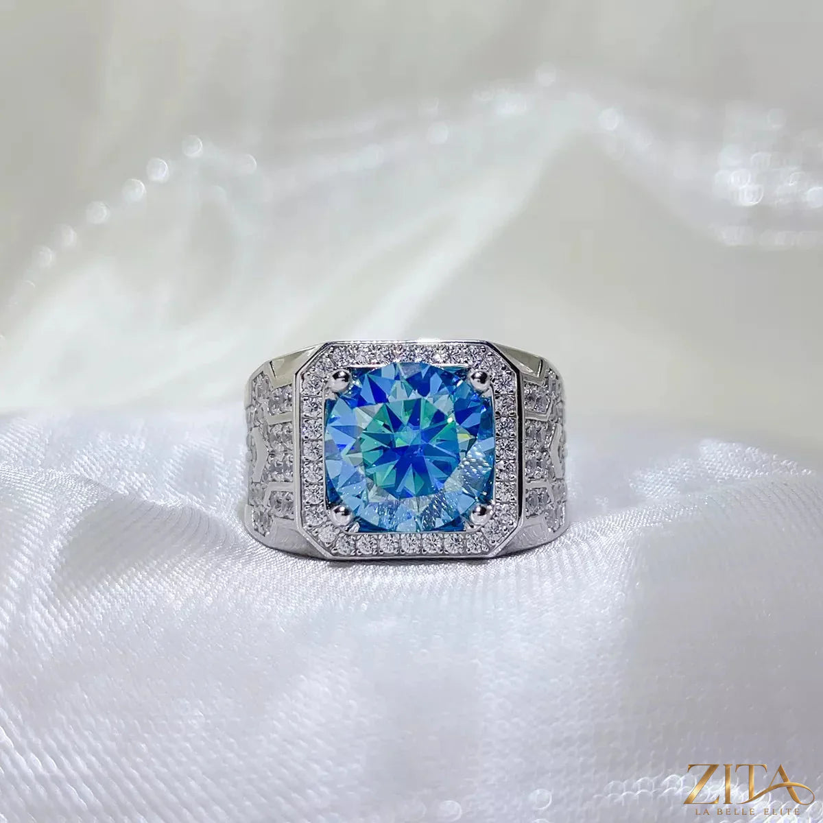 Sterling silver moissanite ring with a 3-carat main stone, featuring a sleek design and intricate detailing.