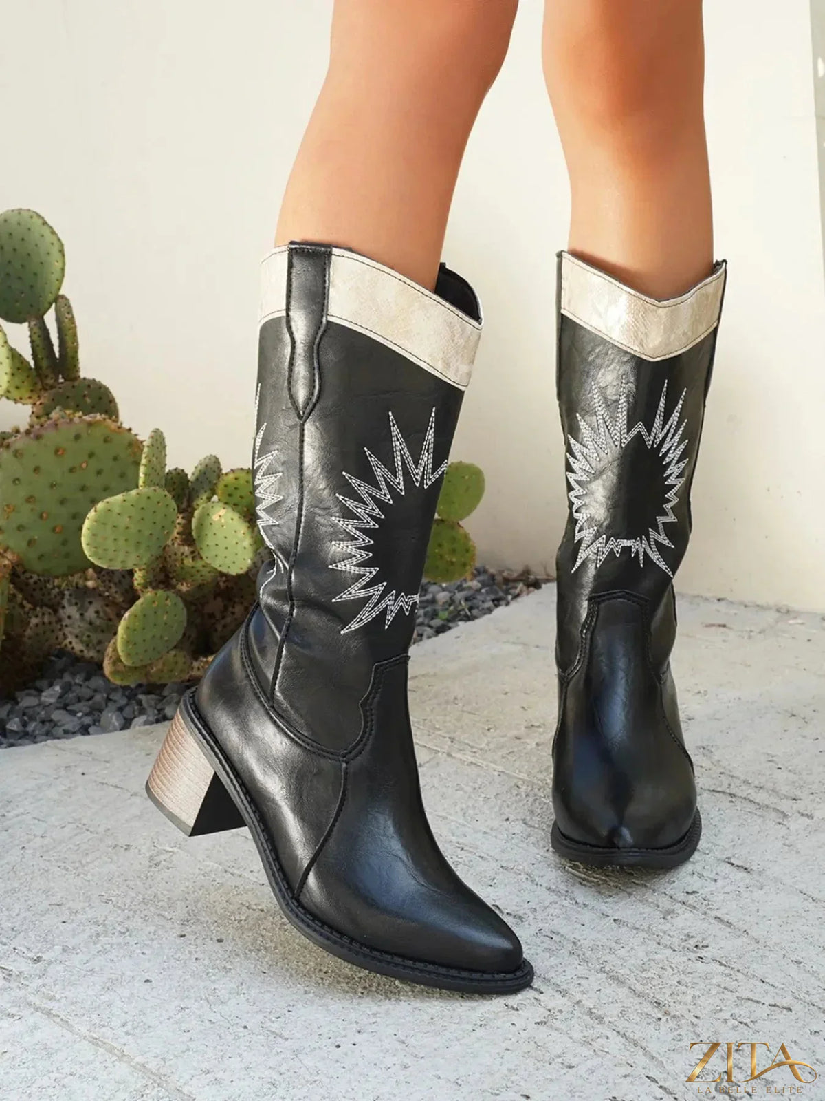 Zita La Belle Elite point toe block heel boots in black leather, showcasing sleek design and sturdy heel for stylish wear