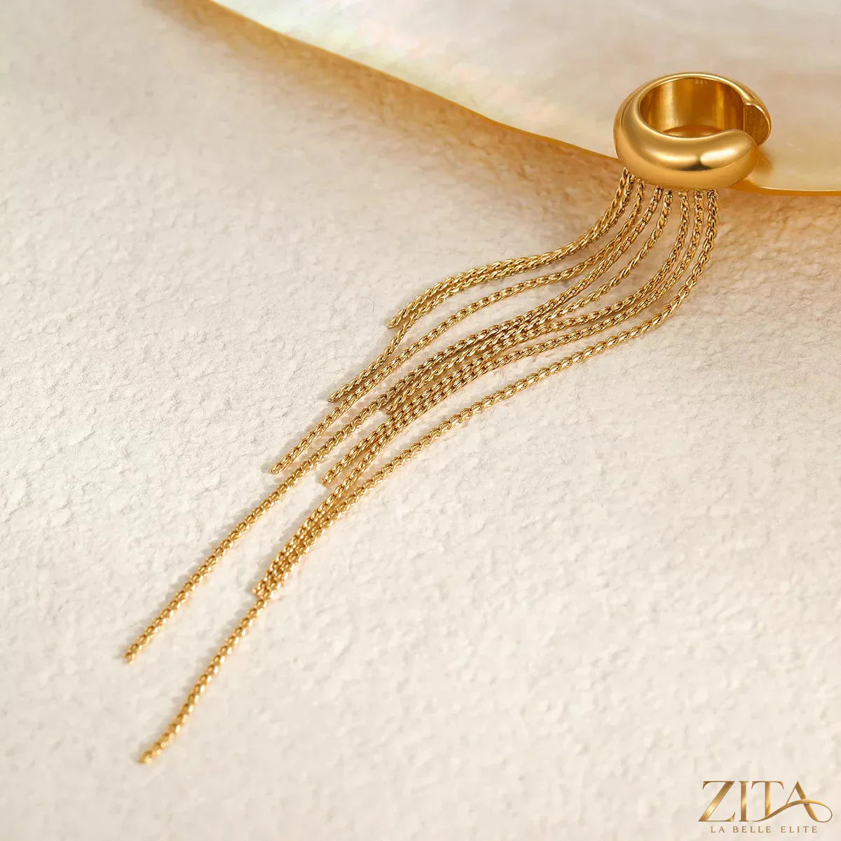 18K gold-plated tassel ear cuff earrings by Zita La Belle Elite, featuring delicate tassel design and modern ear jewelry style.